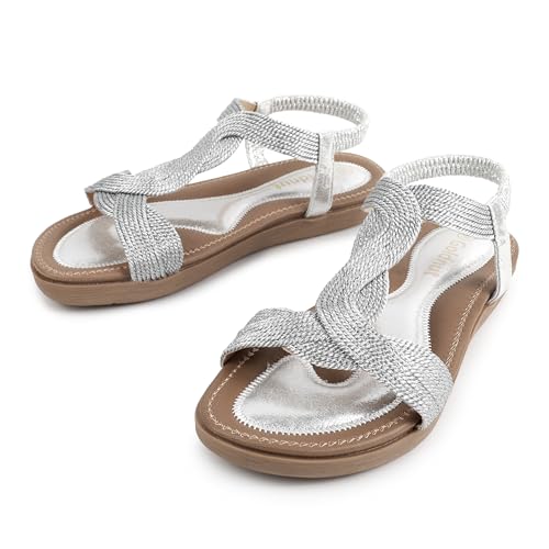 Silver Sparkle Sandals Metallic Flat Sandal for Women Metallic Comfortable Sandals Elastic Ankle Straps Flat Sandalias2