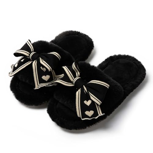 Slipper for Women Lightweight Open Toe Lounging Slide Bow Embellished Cute Fuzzy Sandal House Keep Warm Fluffy Shoe2