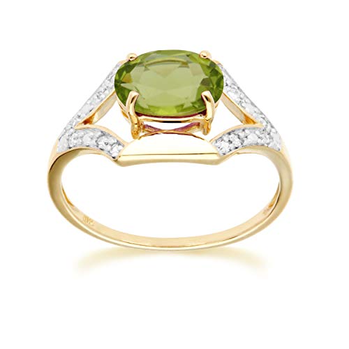Yellow Gold 10K Oval Peridot 8x6mm and Round Diamond Promise Ring Size 6, 7, and 8 Contemporary Art Nouveau Design for Women August Birthstone Statement Ring