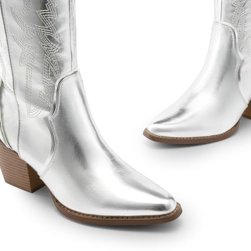 DREAM PAIRS Womens Cowboy Boots Wide Calf Comfortable Pull On Zipper Chunky Heel Pointed Toe Embroidered Western Cowgirl Knee High Boots Ladies Retro Tall Boot,Size 5.5,Metallic Silver,SDKB224W