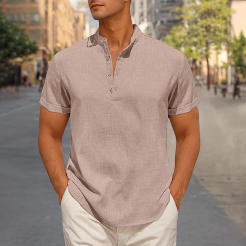 Men's Cotton Linen Short Sleeve Henley Shirts Casual Button Down Stand Collar Shirt Beach Summer Vacation Tops2