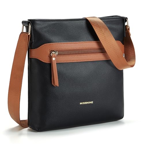 Missnine Crossbody Bags for Women Multi Pocket Purses Soft Leather Medium Shoulder Handbags with Adjustable Strap (Black Brown)