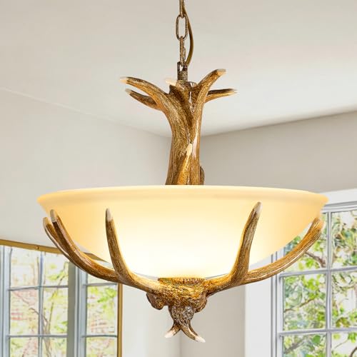 LUJIAODS Rustic Resin Deer Chandelier with 3-Light Retro Deer Horn