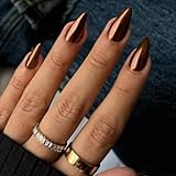 KQueenest Acrylic Press on Nails Almond Medium,Chrome Brown Fake Nails with Mirror Effect, Stiletto Glue on Nails Medium, Medtallic Brown Nails Press ons, Bronze Stick on Nails for Women, 24 Pcs