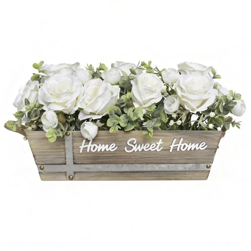 Image of UoYeet Artificial White Rose Flower Arrangement with Eucalyptus in Wooden Planter, Rustic “Home Sweet Home” Faux Flowers Centerpieces, Farmhouse Table Decoration for Living Room Kitchen