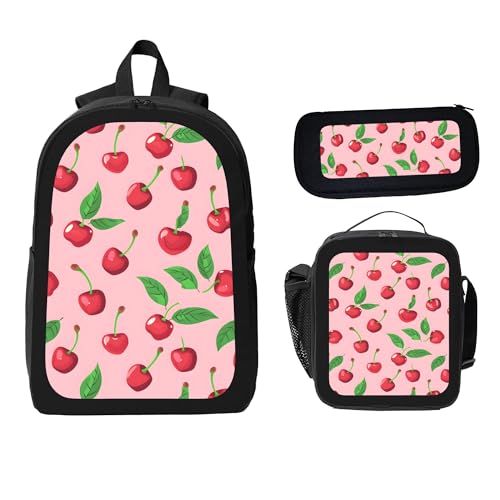 Fruit Cherry Cartoon 3 Pcs 17 Inches Backpack Set with Insulated Lunch Bag And Pencil Pouch Large Back Pack for Men Women Lunchbox Pencil Case Waterproof Backpacks Lunch Box 3 Piece Daypacks2