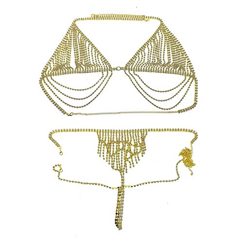 Junenoma Sexy Bling Rhinstone BH Körper Kette Rhinstone Unterwäsche BH Harness Kristall Körper Kette Schmuck Bikini Kristall Bralette Underwea für Frauen (BH und Tanga Set) Gold Cover