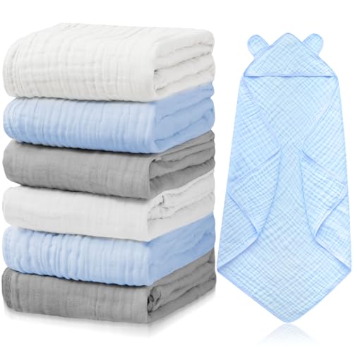 Image of Preboun 6 Pcs Muslin Baby Hooded Towels Cotton Absorbent 6 Layers Cute Bath Toddler Towels for Newborn Kids Girl Infant Boys Toddler Shower Gift Supplies (Grey,Blue,White)