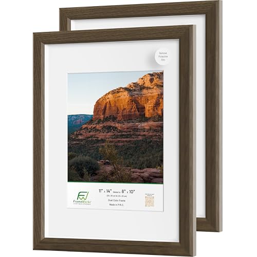 FrameWorks 2-Pack 1 3/8" Thick Dark Oak Wooden Shadow Box Picture Frames 11” x 14” with Removable White Mat to 8" x 10" Photo