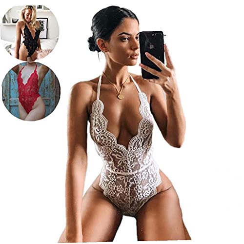 Hainice Vrouwen sexy bodysuit diepe v-hals halter lingerie transparante kant onesies nachtkleding zwart 2xl - Afbeelding 7
