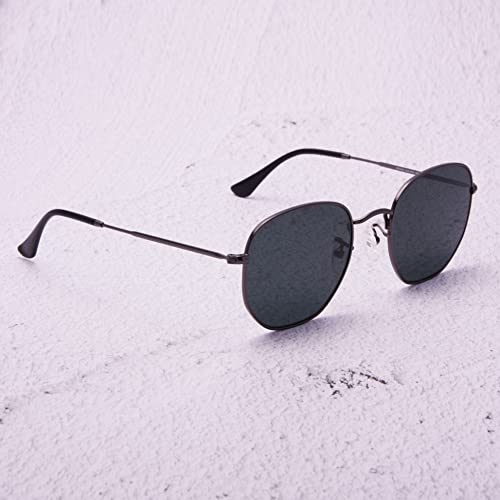 Image of Retro Glass Lens Hexagonal Sunglasses for Men Women Vintage Square Metal Frame Flat Lens Sun glasses