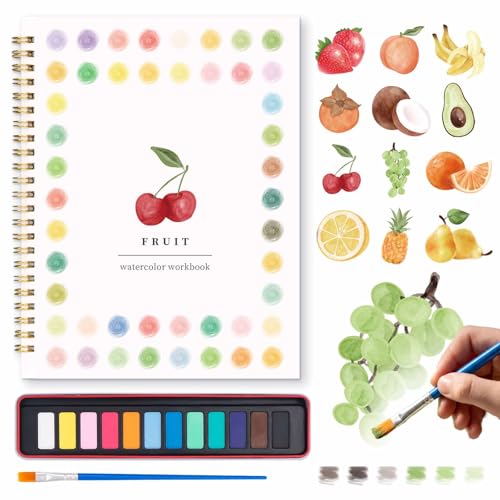 Watercolor Workbook - Beginner Friendly Watercolor Kit with 12 Colors Paint Set, Brush & Coloring Book, Adult Watercolor Painting Book & Learning Workbook for Teens(Fruits)