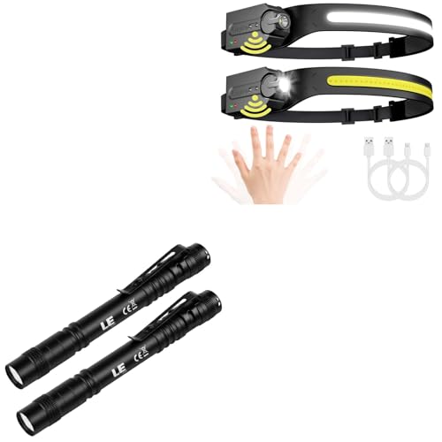Lepro Bundle - LED Pen Flashlights, Lightweight, Mini, Waterproof Pocket Flashlight with Clip, 2 Pack & PR320019-2 Super Bright Head lamp with Motion Sensor, 230° Wide Beam & Adjustable
