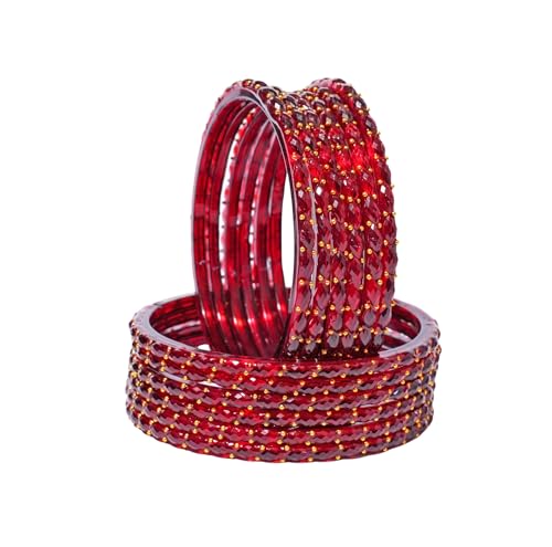 Image of Glass Bangles Set for Women | Raindrop Design Bangles with Crystal Embellishments | Traditional Indian Wedding & Glass Bangles for Women | Pack of 12 (Red)