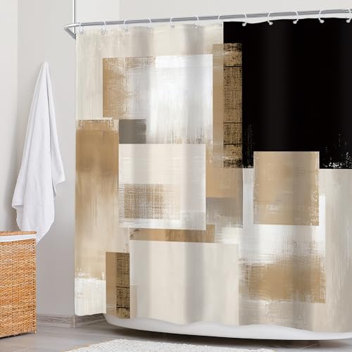 Newsely Black Brown Abstract Geometry Shower Curtain 72Wx72L Inch Modern Tan Geometric Minimalist Simple Contemporory Geometric Bathroom Set Beige Waterproof Bath Decoration Accessories Home Decor
