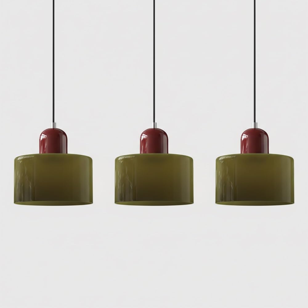 Pendant Lights Fixture Nordic Glass Pendant Lamp Cylindrical Hanging Lighting Adjustable Modern Lamp for Kitchen Island Bedroom Bedside(Green(Red) 3 Pack)