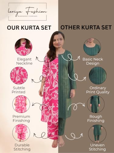 Image of Leriya Fashion Women's Cotton Printed A-Line Kurti Pant Set | Abstract Leaf & Floral Kurta with Trouser Pant | Casual Ethnic Co-ord Set for Women Stylish | Elegant Anarkali Style Tunic Kurta Set
