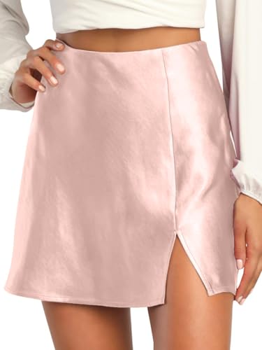 ALCEA ROSEA Women's Satin Silky Mini Skirt High Waist A-Line Short Skirts Solid Slit Front Skirts for Women (Nude Pink,XL,X-Large)