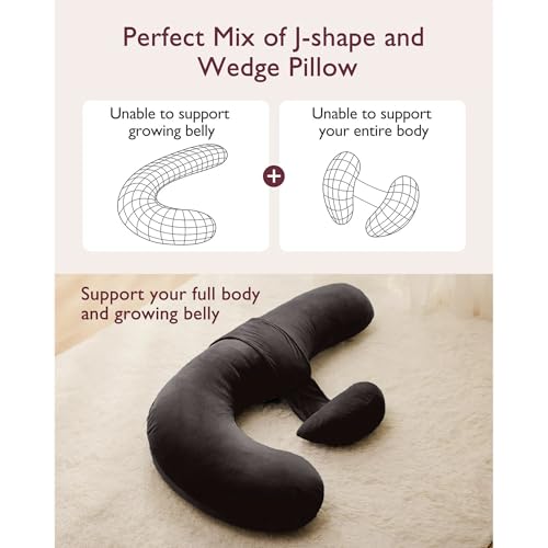 Image of J-Shaped Sleeping Pregnancy Pillow| Removable Velvet Covers| PregnoCare Fibres| Baby Shower Gift, Maternity, Nursing| Full Body Soft-Support Bump, Head, Back, Shoulder, Hips, Legs and Belly (Brown)