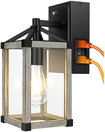 Outdoor Porch Light with GFCI Outlet,Dusk to Dawn Industrial Outdoor Wall Mount Light Fixture Exterior for House with Rustic Wood Finish Waterproof Wall Lantern for Outside Garage Farmhouse