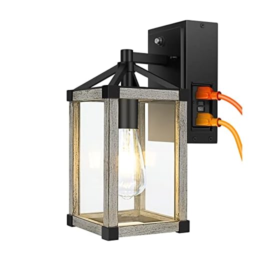 Outdoor Porch Light with GFCI Outlet,Dusk to Dawn Industrial Outdoor Wall Mount Light Fixture Exterior for House with Rustic Wood Finish Waterproof Wall Lantern for Outside Garage Farmhouse