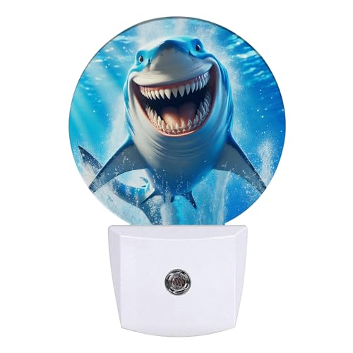 Image of Funny Shark Night Light Sea Animals Night Lights LED Lamp Round Plug into Wall Nightlight with Dusk to Dawn Sensor Home Hallway Stairway Kitchen Decor