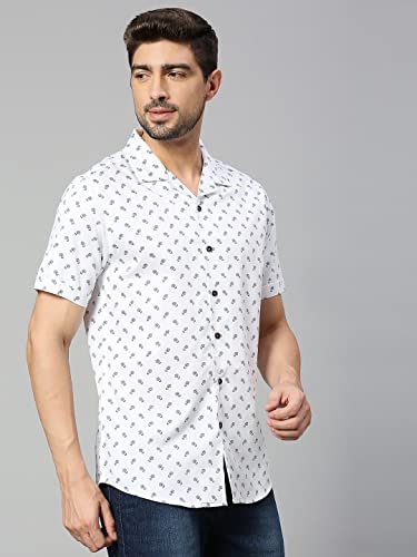 Image of HammerSmith Men's Printed Slim Fit Cotton Casual Shirt with Camp Collar and Short Sleeves