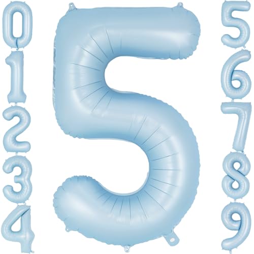 Image of Light Blue Number 5 Balloon, 40 Inch Big Large Foil Number Balloons, Giant Mylar Number 5 Balloons for 5 Year old Birthday Baby Party Decorations Supplies Anniversary