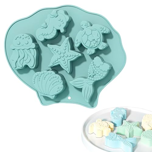 Marine Theme Silicone Molds Blue Summer Mermaid Seashell Starfish Seahorses Turtles Jellyfish Food Grade Silicone Baking DIY Molds for Soap Chocolate Biscuits Fondant Cake