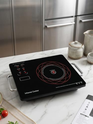 Image of Infrared 2500W Electric Cooktop | Glass Top with Feather Touch Controls, 3 Preset Menus & Stainless Steel BBQ Accessories