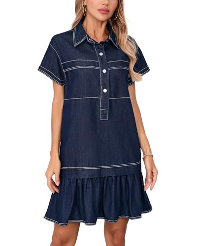 YEXPINE Women's Cotton Drop Waist Ruffle Hem Shirt Dress Short Sleeve Button Down Tunic Dress with Pockets Denim