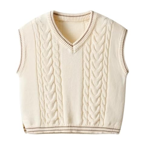 Auro Mesa Boys and Toddlers' Sweater Vest Cotton Knitted Streetwear Preppy Style V Neck Crop Knitwear Tank Top for Kids Beige Cover