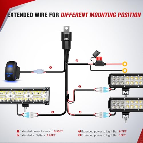 Image of Nilight 12AWG LED Light Bar Wiring Harness Kit - 3 Leads Blue | 12V On Off 5Pin Rocker Switch Laser Waterproof Toggle Power Relay Blade Fuse for Cars Boat ATV Trucks