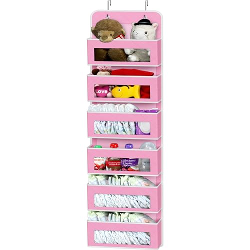Image of Simple Houseware 6 Clear Window Pocket Over Closet Door Storage Hanging Organizer for Bedroom, Bathroom, Pantry, Pink