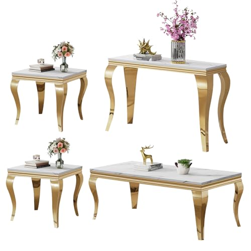 Image of Luxury Coffee Table Set of 4, Coffee Table with 2 End Tables, 1 Sofa Console Table, Modern 4 Piece Living Room Table Set with Faux Marble Top & Gold Stainless Steel S Legs for Apartment Home Office