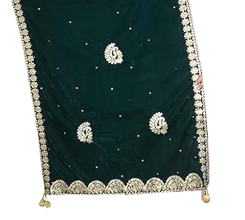 Embroidered Green Velvet Dupatta with Sequins for Women, One Size Bottle Green Dupatta,Stole,Chunni With Golden Tassels4