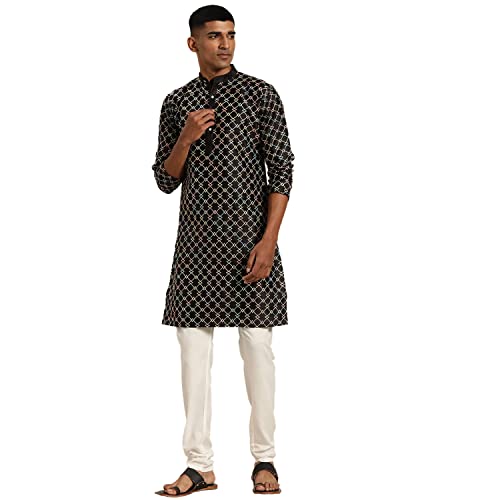 Image of SOJANYA, Men's Silk Blend NavyBlue Kurta with Multi Color Embroidery and Off-White Pyjama