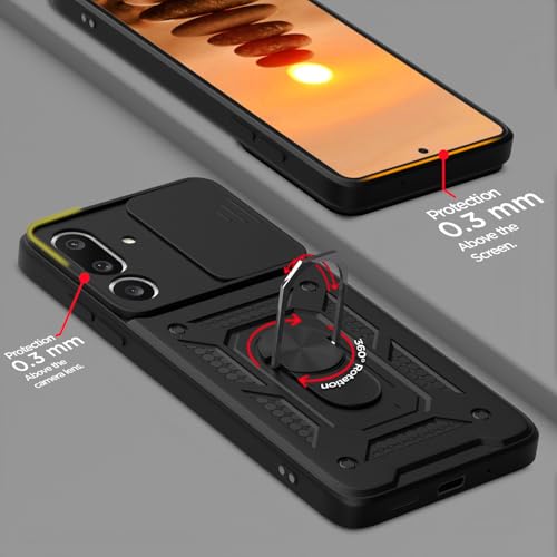 Image of Outlouders Back Cover for Samsung Galaxy M36 5G | D10 Tough Armor 360 Protection Case with Sliding Camera Shield & Ring Holder Stand Bumper Case (Black)