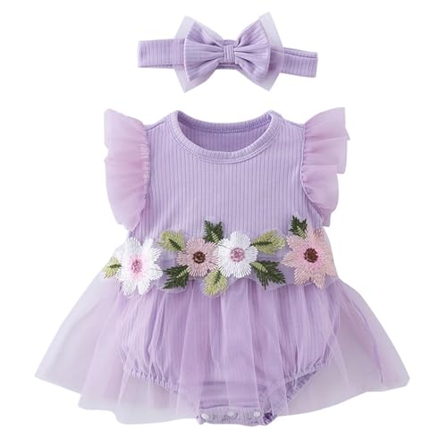 Image of YEHOOM Infant Baby Girl Tutu Skirt Romper Dress Ruffle Sleeve Flower Embroidery Mesh Lace Princess Jumpsuit +Bowknot Headband