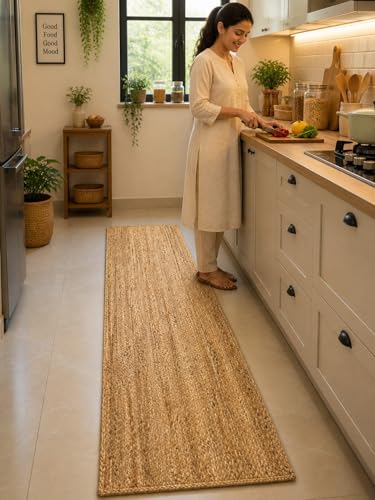 Image of Handwoven Natural Jute Runner Rug for Hallway & Entryway | Floor Runner Carpet | Hallway Rug - Rustic Home Decor. (Beige, 2X3)