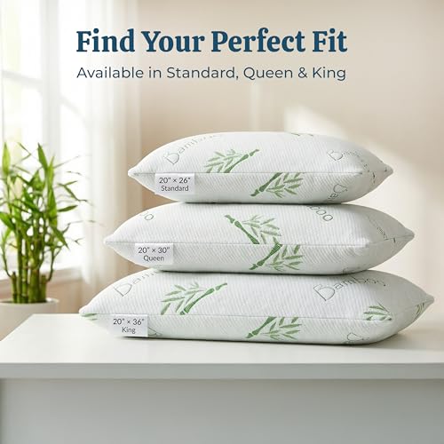 Image of OMEO 2 Pack Standard Size Rayon Derived from Bamboo Pillow for Sleeping Shredded Memory Foam Bed Pillows for Side, Back and Stomach Sleepers, Soft, Cooling, Adjustable and Washable Cover 20 inch x 26 inch