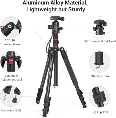 Image of SmallRig CT-20 Camera Tripod, 78.7 inch Foldable Aluminum Tripod & Monopod, 360Ball Head Detachable, Payload 33lb (200cm /78.7 inch)