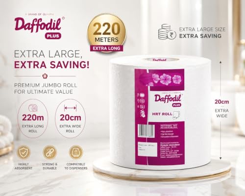 Image of DAFFODIL HRT Jumbo Roll 220m | Premium Hard Roll Towel | Soft, Strong & Highly Absorbent | Long Lasting Commercial Paper | Fits Standard HRT Dispensers | Pack of 1