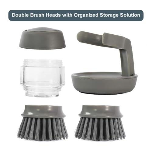 Image of Dish Brush with Soap Dispenser, Kitchen Dish Scrubber Brush for Dish Pot Pan Sink Cleaning, with Holder Drip Tray Replacement Head