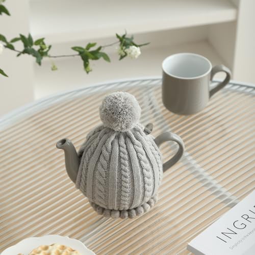 Image of One-Piece Cable Knit Teapot Cozy with Pom Pom Top, Acrylic Insulated Tea Pot Cover with 2 Button Fasteners & Lid Opening, British Style Hot Cold Insulator for 2 Cup 15-20oz Teapots,gray