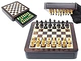 House of Chess - 7.5 Inch Wooden Magnetic Travel Chess Set with Storage Drawer & Algebraic Notation - 2 Extra Queens - Handmade