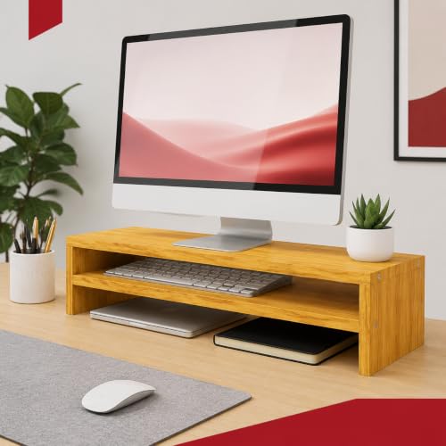 Bniture Monitor Stand Riser for Desk | 100 cm Wide Computer Monitor Shelf with Keyboard Storage | 17 mm Engineered Wood | Desktop Organizer for Home & Office (Giant Wood , HXMD104) Deal