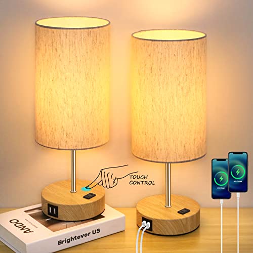 Table Lamps Set of 2 Touch Control, 2 USB Charging Ports&AC Outlet, 3-Way Dimmable Bedside Nightstand Lamp with Flaxen Fabric Shade and Wooden Base for Bedroom, 2-Pack A19 LED Bulbs Included
