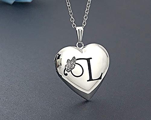 Muerdou Locket Necklace That Holds Pictures Initial Alphabet Letter Heart Shaped Photo Memory Locket Pendant Necklace (L) #TOP3