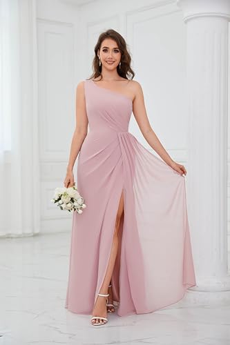 One Shoulder Bridesmaid Dresses for Women Ruched Chiffon A Line Evening Formal Gown with Slit2